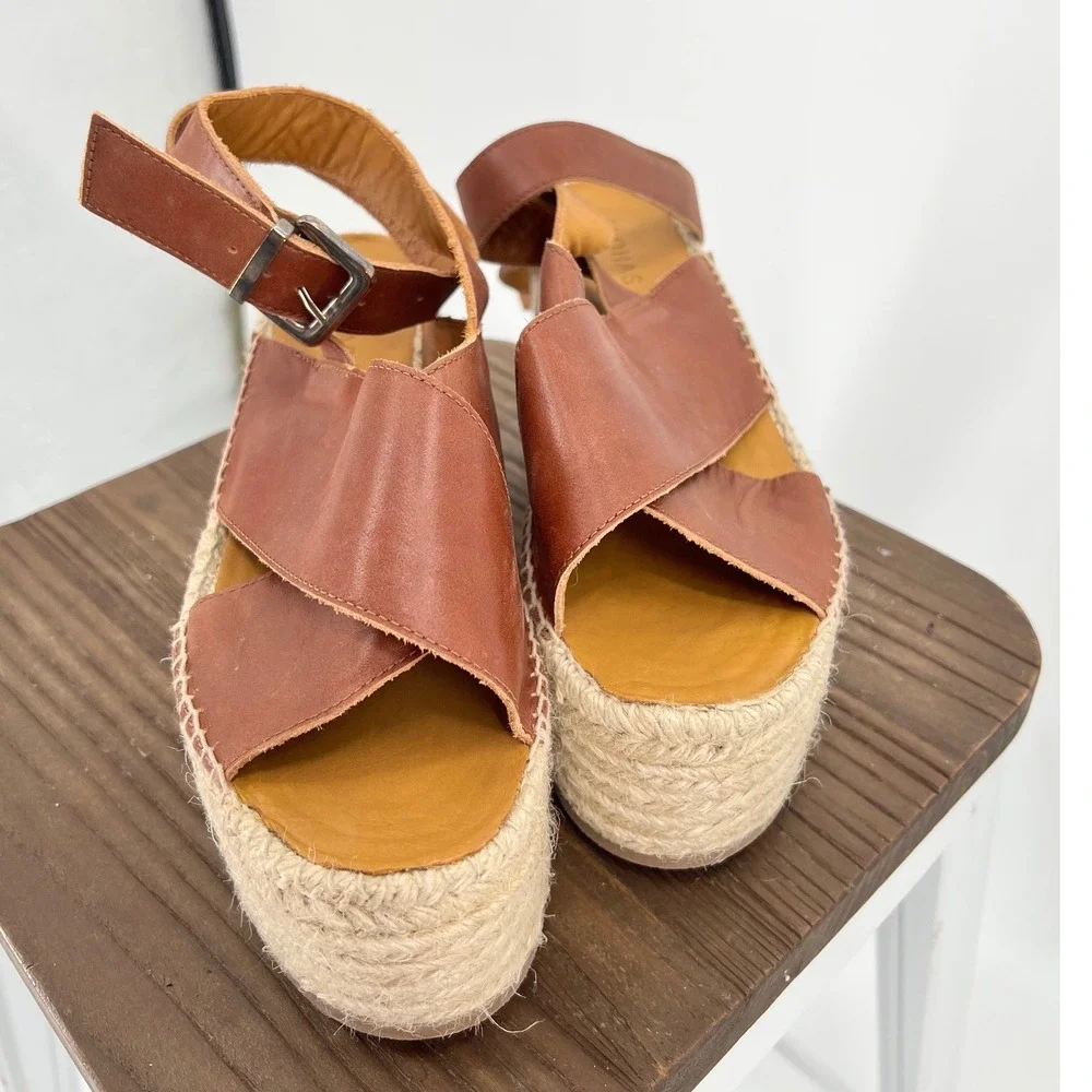 Alohas Vegas Camel Leather Platform Espadrille Sandals Brown Wedge Spain US 10
